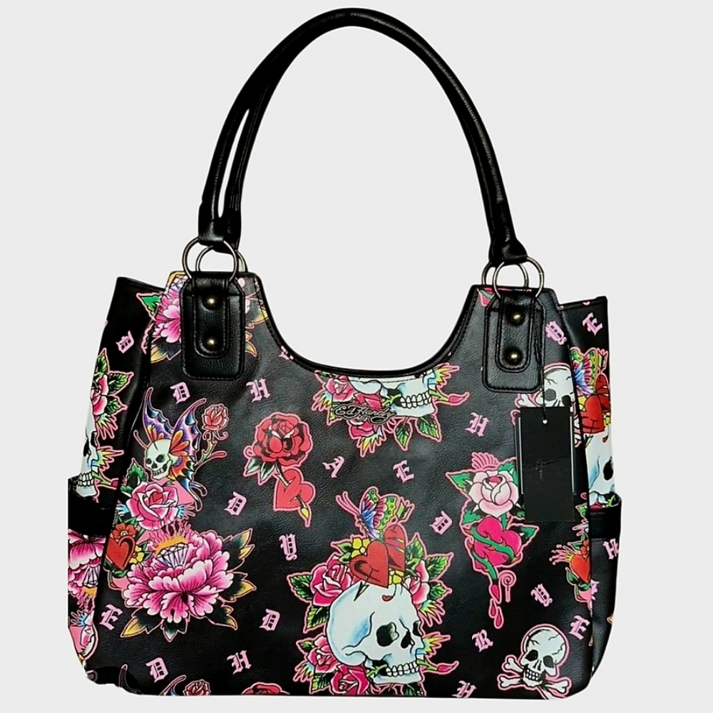 NEW! ED HARDY Love Kills Floral Skull Y2K Shoulder Bag Purse Tote.